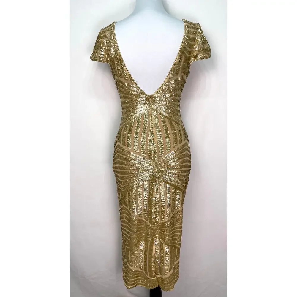 Dress the population Gold Sequin Midi Dress Size S - Picture 2 of 11